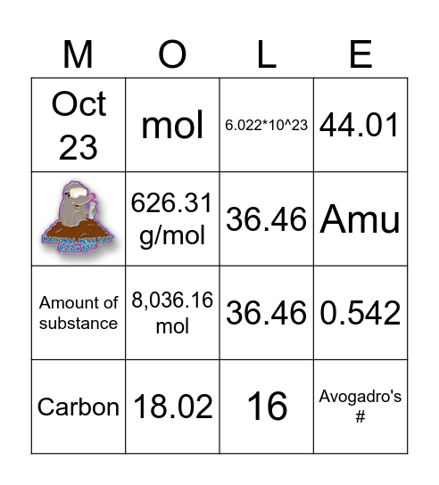 Mole Day Bingo Card
