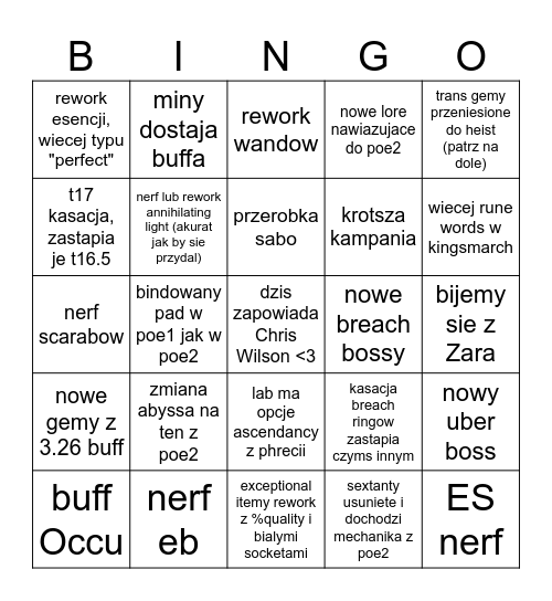 Big Fat POE 3.27 Bingo Card