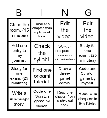 Homework Bingo Card