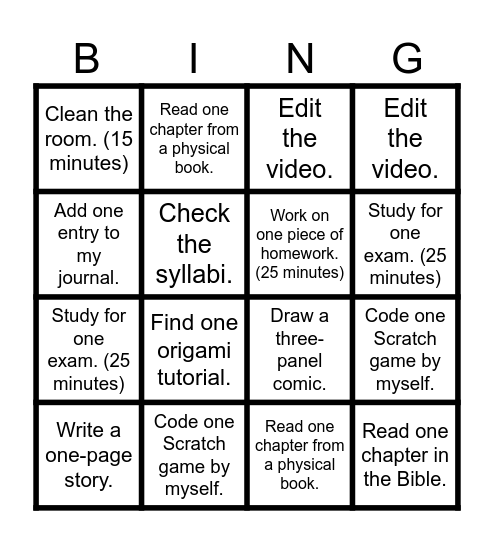 Homework Bingo Card