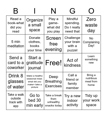 SSD WELLNESS BINGO Card