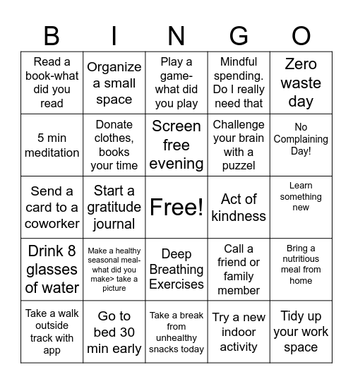 SSD WELLNESS BINGO Card
