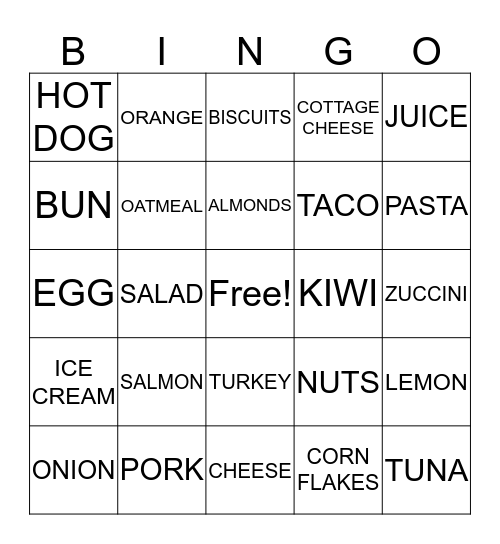 FOOD GROUP BINGO Card