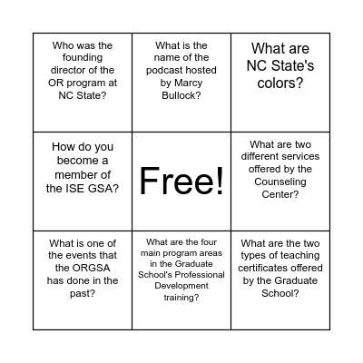 ISE/OR Grad Visit Bingo Card