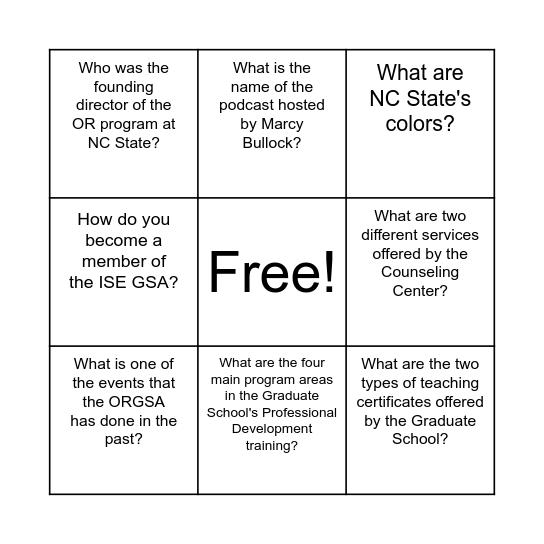 ISE/OR Grad Visit Bingo Card