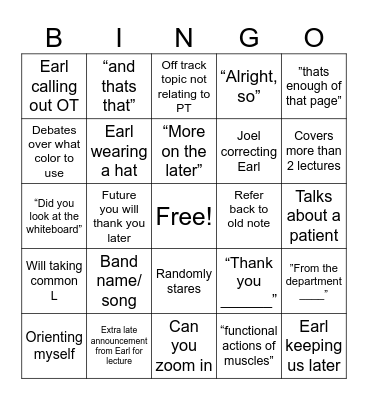 Earl Anatomy BINGO Card