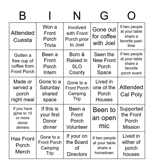 Front Porch "Bingo" Bingo Card
