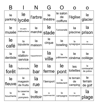 Les endroits: Oú est-ce que tu vas? Bingo Card