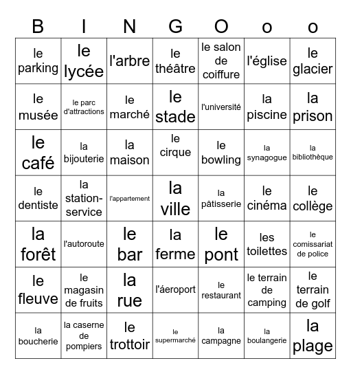Les endroits: Oú est-ce que tu vas? Bingo Card