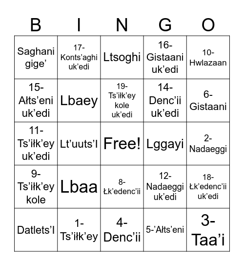 Ahtna Numbers and colors Bingo Card