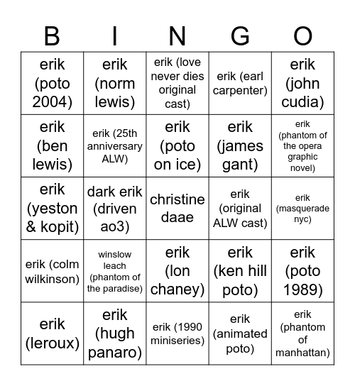 characters that drive me to madness except its all erik Bingo Card