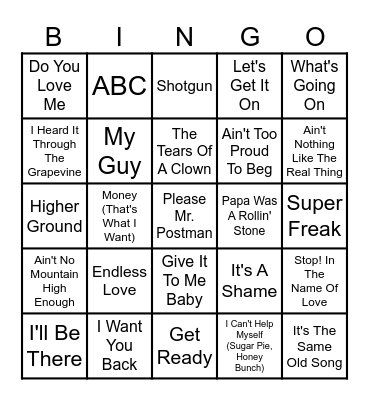 Motown Hits Bingo Card