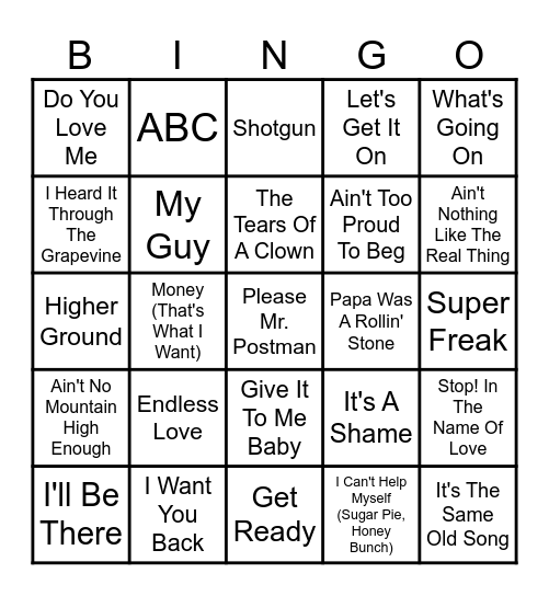 Motown Hits Bingo Card