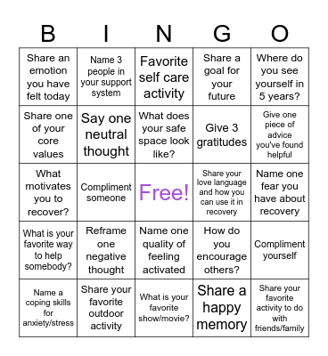 Relapse Prevention Bingo Card