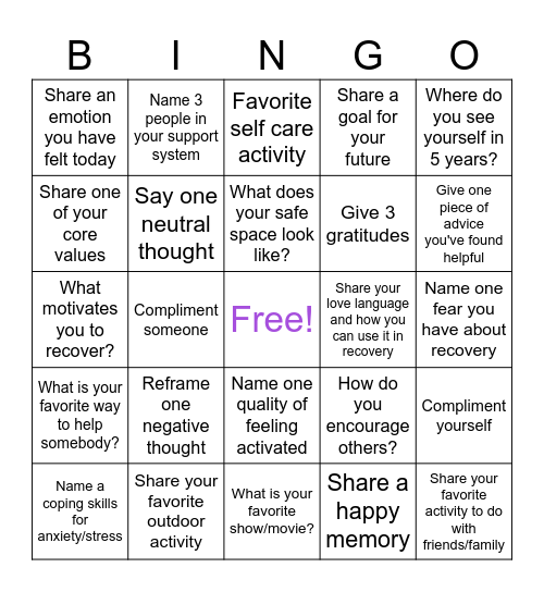 Relapse Prevention Bingo Card