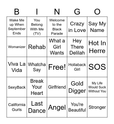 B5 - 2000s (Songs) Bingo Card