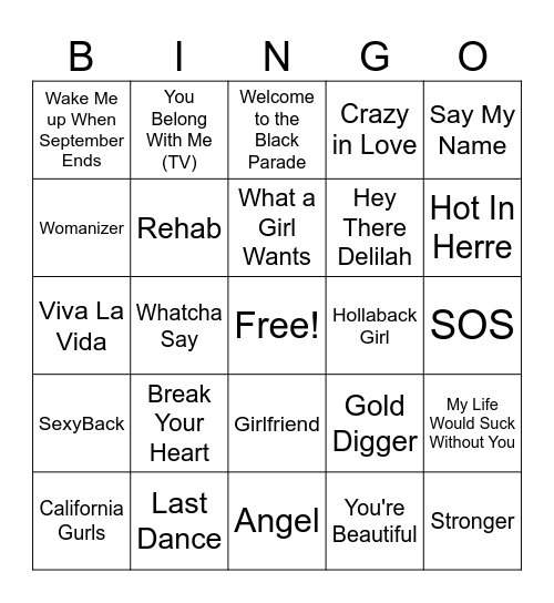 B5 - 2000s (Songs) Bingo Card