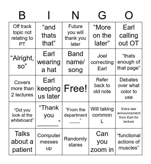Earl Anatomy BINGO Card