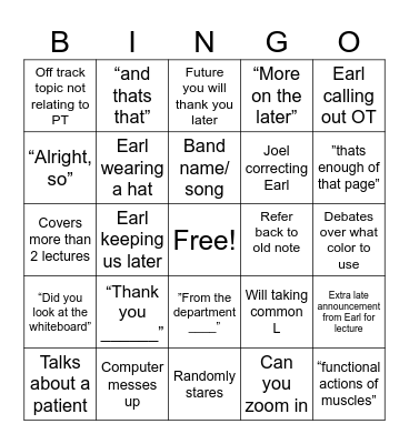 Earl Anatomy BINGO Card