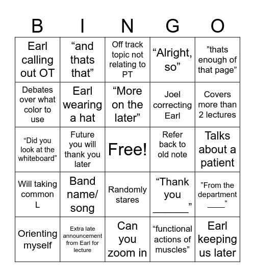 Earl Anatomy BINGO Card