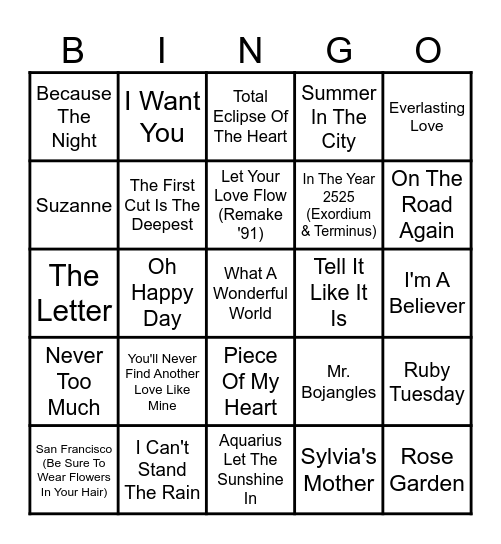The "Oldies" Bingo Card