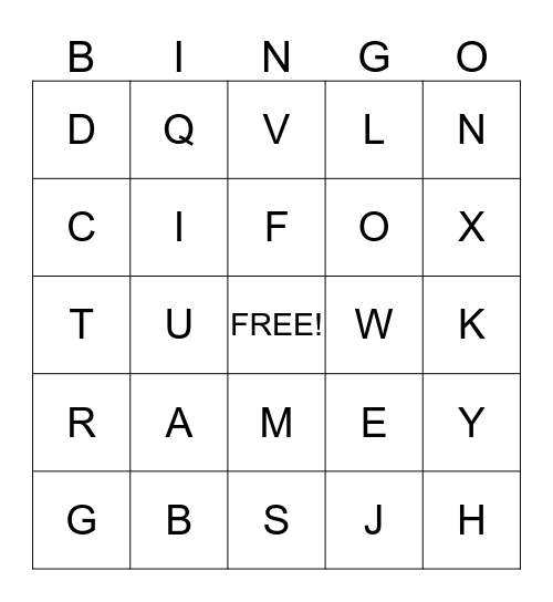 Capital Letter Alphabet Bingo Card