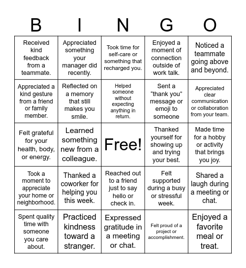 Gratitude Bingo Card
