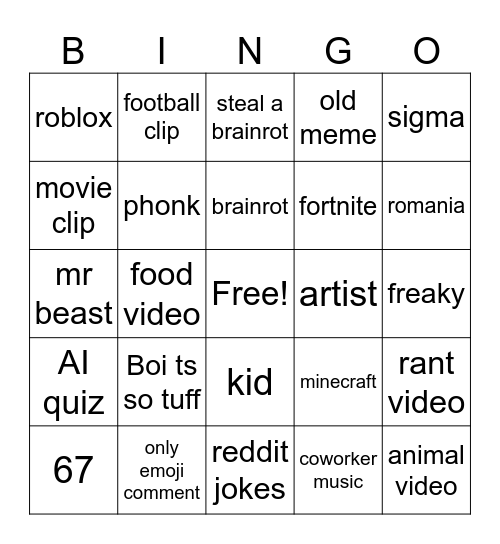 yt shorts bingo Card