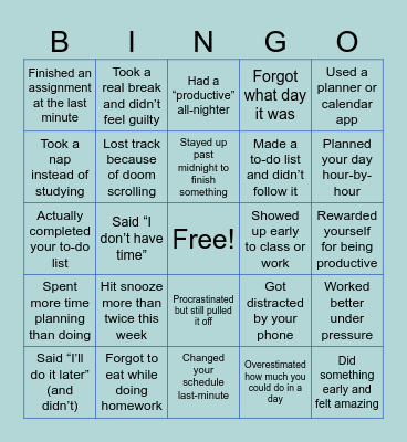 TIME MANAGEMENT BINGO Card