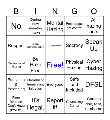 Anti-Hazing Bingo Card