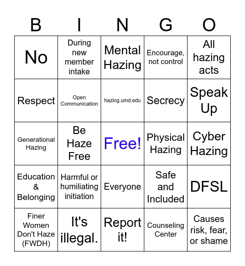Anti-Hazing Bingo Card