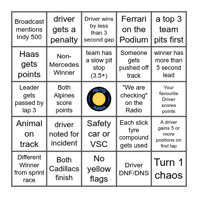 Canadian Grand Prix Bingo Card
