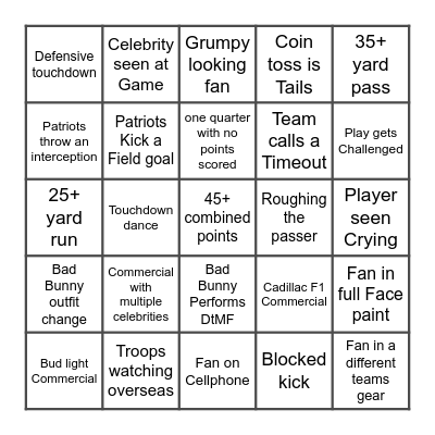 SUPER BOWL LX Bingo Card