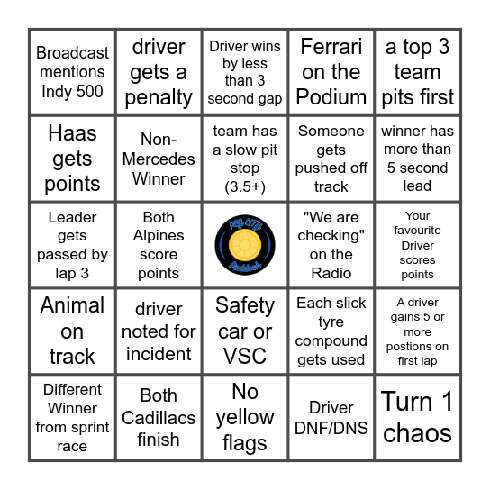Canadian Grand Prix Bingo Card