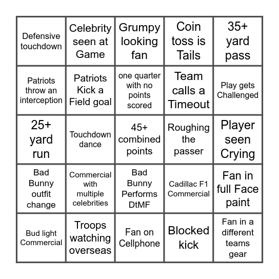 SUPER BOWL LX Bingo Card