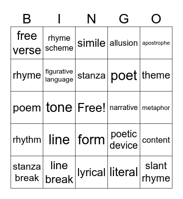 4th and 5th Grades POETRY Bingo Card