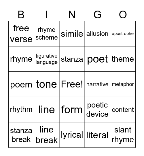 4th and 5th Grades POETRY Bingo Card