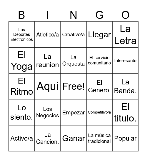 Spanish Bingo Card