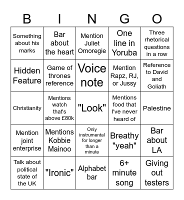 Things that will come up in The Boy Who Played The Harp Bingo Card