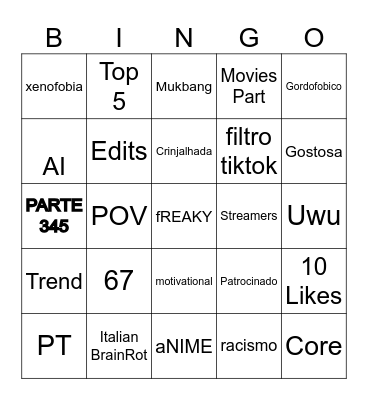 tik tok Bingo Card