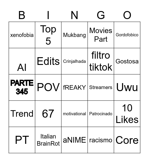 tik tok Bingo Card
