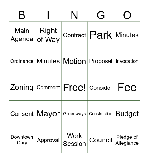 City Council Meeting Bingo Card