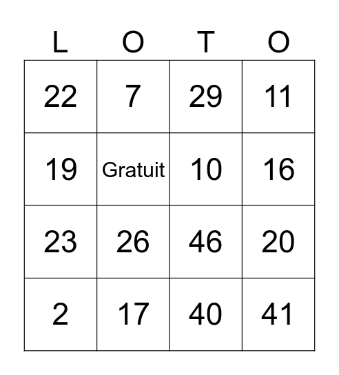 Les numeros Bingo Card