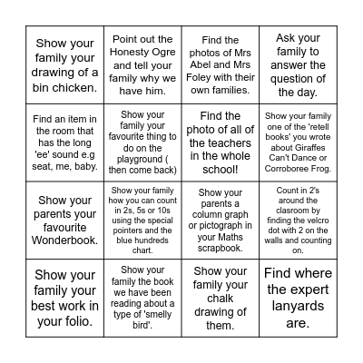 Year 1 Wallabies Classroom Bingo Card