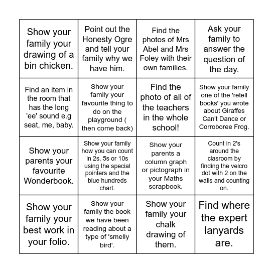 Year 1 Wallabies Classroom Bingo Card