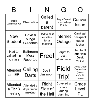 November Staff Bingo Card