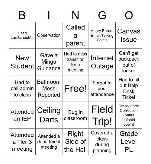 November Staff Bingo Card