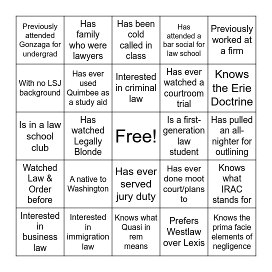 Law School Human Bingo (Find Someone...) Bingo Card