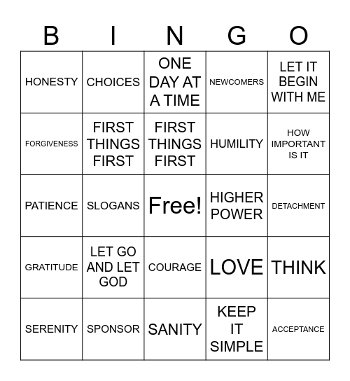 ALA-ANON BINGO Card