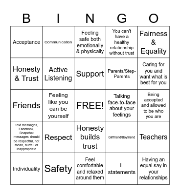 Healthy Teen Relationships Bingo Card